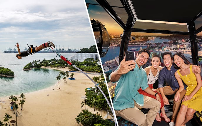 Bungy jumper over Sentosa beach and group taking selfie in Singapore cable car.