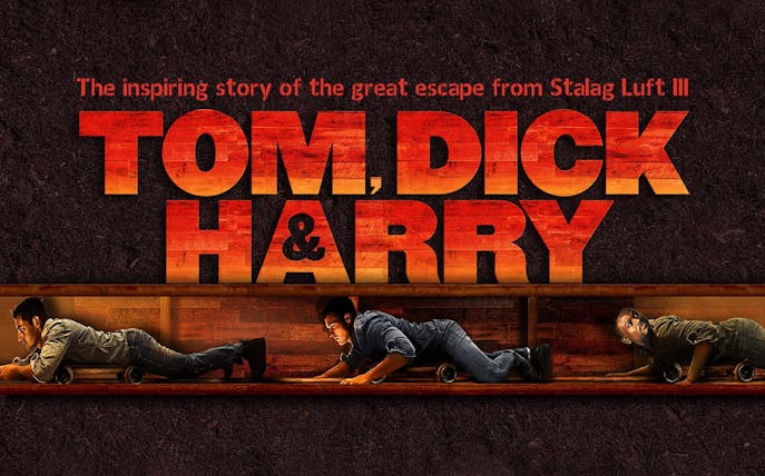 Tom, Dick and Harry escape story depiction with three men crawling in a tunnel.