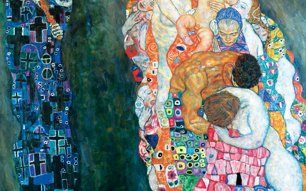 Visitors viewing Klimt's "Death and Life" at Leopold Museum, Vienna.