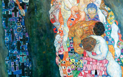 Visitors viewing Klimt's "Death and Life" at Leopold Museum, Vienna.