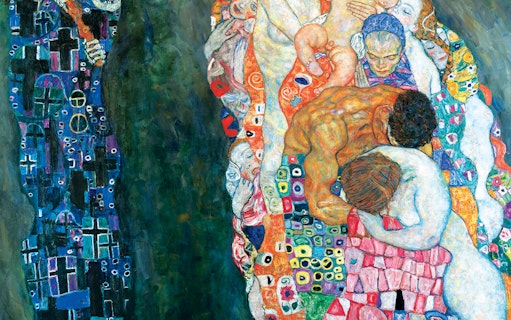 Visitors viewing Klimt's "Death and Life" at Leopold Museum, Vienna.