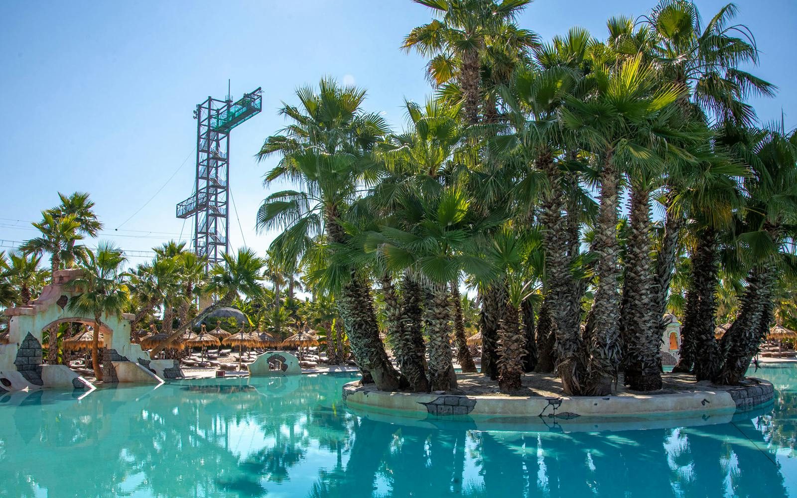 Caribe Bay water park with palm trees and pool, featuring a tall diving platform.