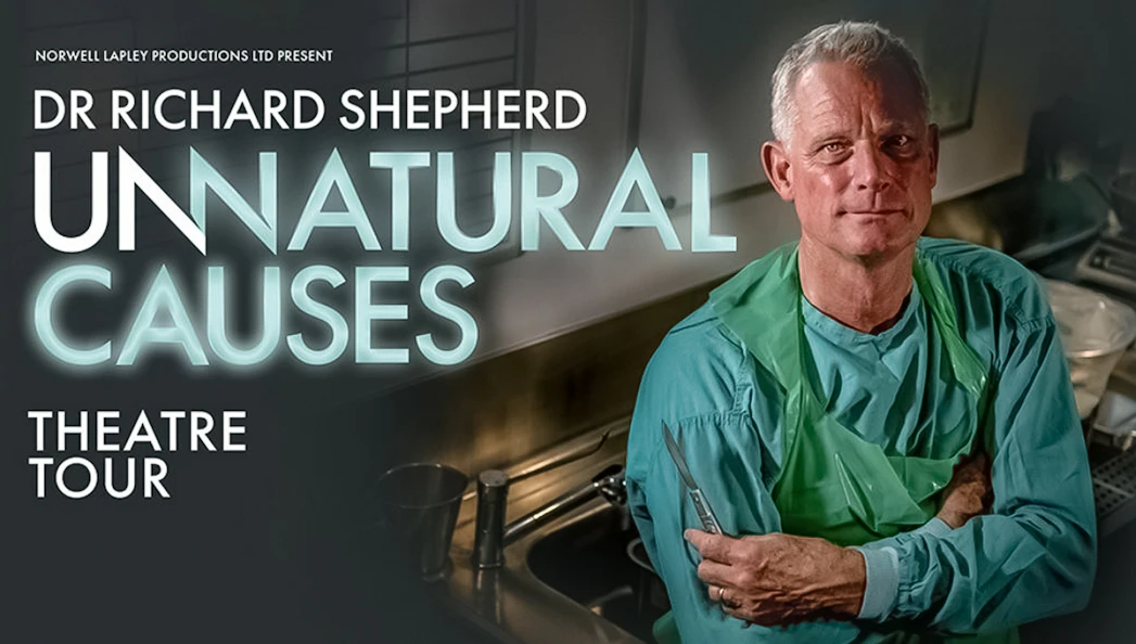 Dr Richard Shepherd in surgical attire promoting "Unnatural Causes" theatre tour.