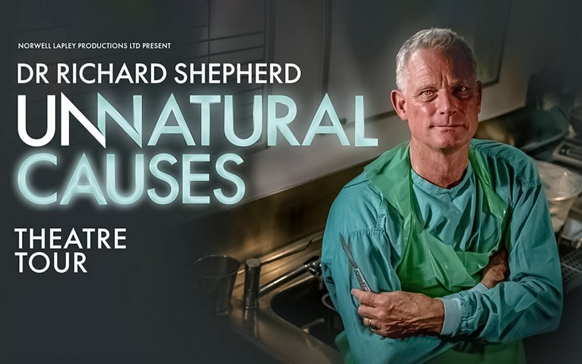 Dr Richard Shepherd in surgical attire promoting "Unnatural Causes" theatre tour.