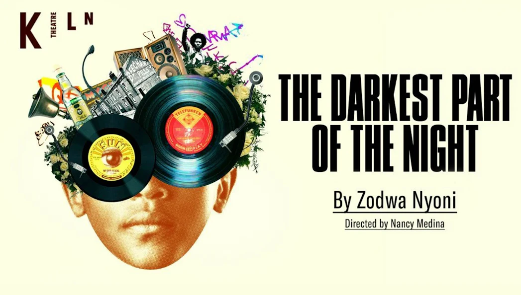 The Darkest Part of the Night poster with vinyl records and collage elements.