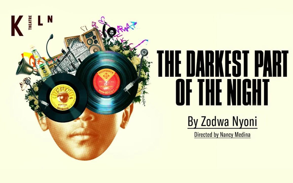 The Darkest Part of the Night poster with vinyl records and collage elements.