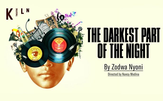 The Darkest Part of the Night poster with vinyl records and collage elements.