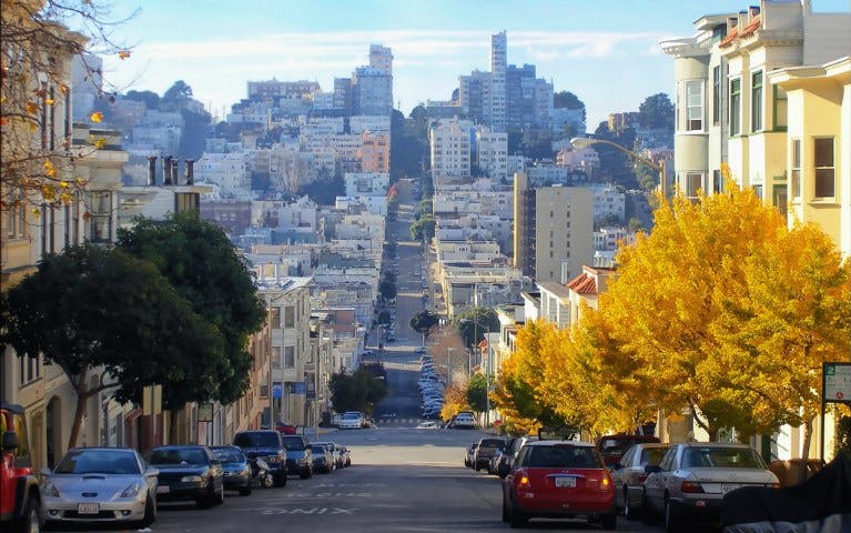 San Francisco street view with cars and autumn trees, showcasing cityscape for SF City All Loops Pass.