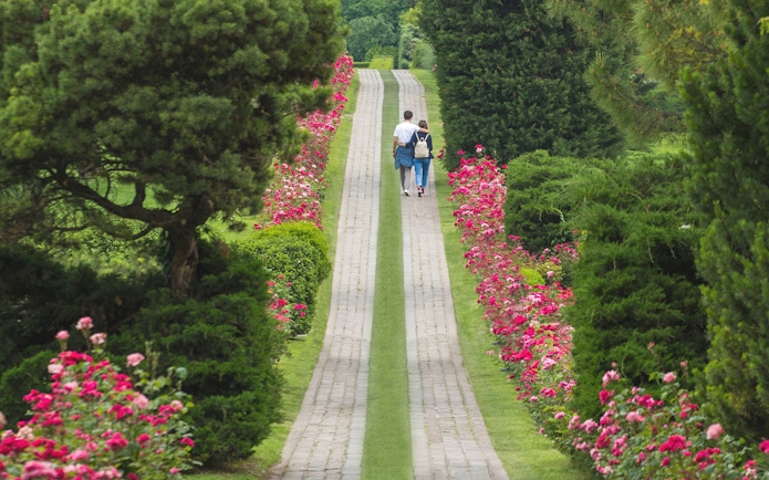 Couple walking along a flower-lined path in Parco Giardino Sigurtà, Italy.