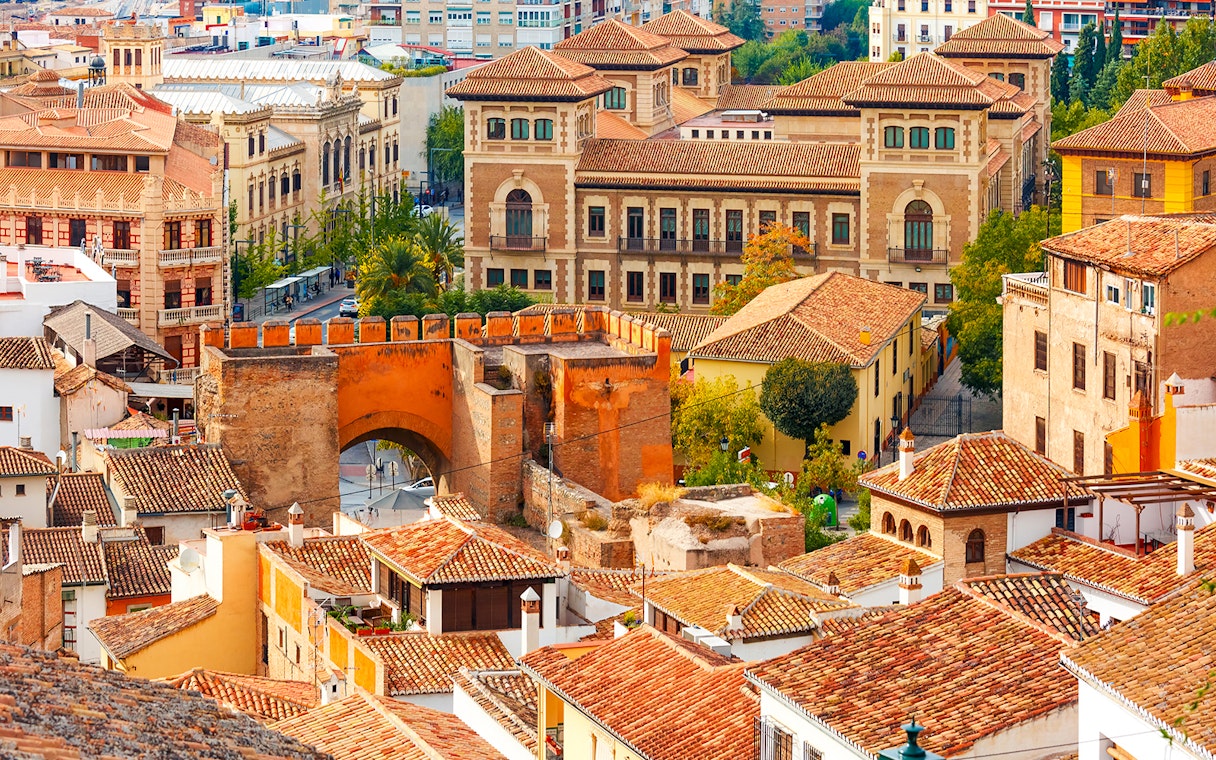 Granada cityscape with historic buildings near Cathedral and Royal Chapel.