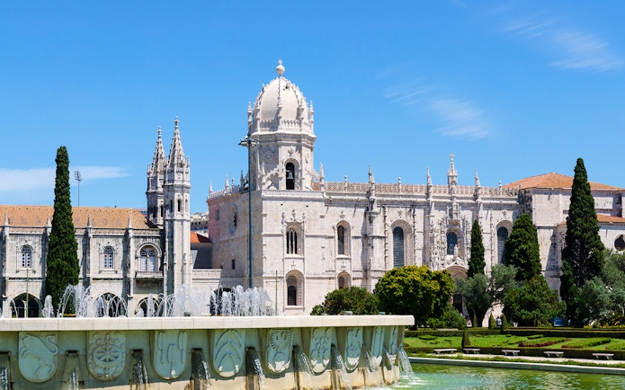 Jerónimos Monastery with fountain in Lisbon, Portugal, part of combo tour with Maritime Museum.