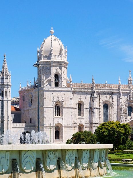 Jerónimos Monastery with fountain in Lisbon, Portugal, part of combo tour with Maritime Museum.