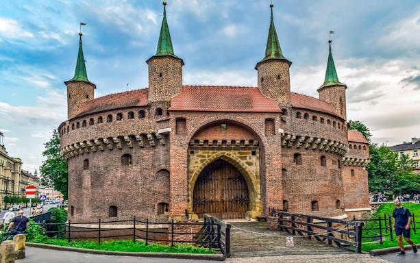 Krakow Barbican on a guided walk through Old Town and Jewish Quarter.