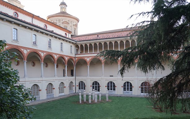 Courtyard of the National Museum of Science and Technology Leonardo da Vinci in Milan.