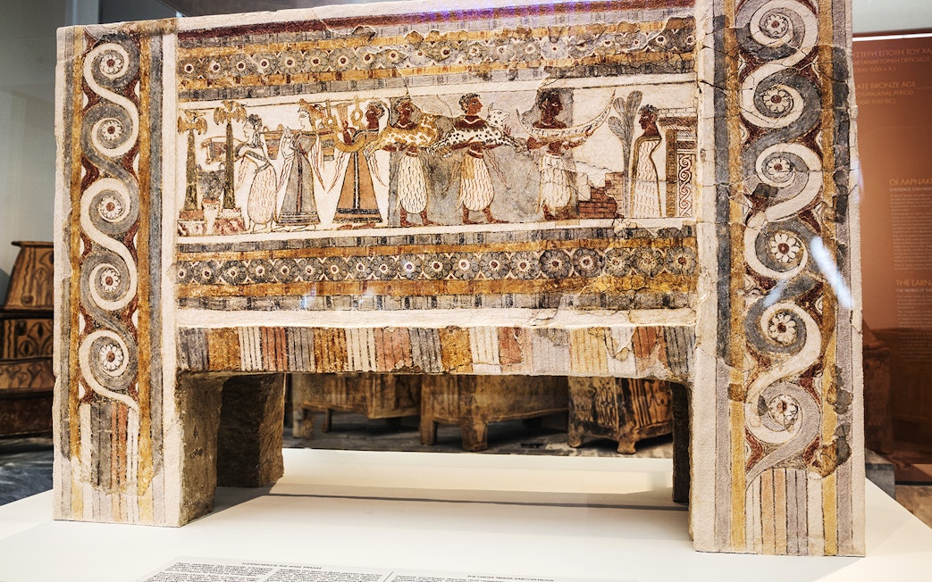 Minoan fresco with ceremonial scene at Heraklion Archaeological Museum.