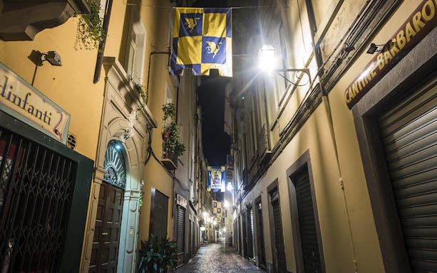 Narrow cobblestone street in Torino at night with flags and historic buildings.
