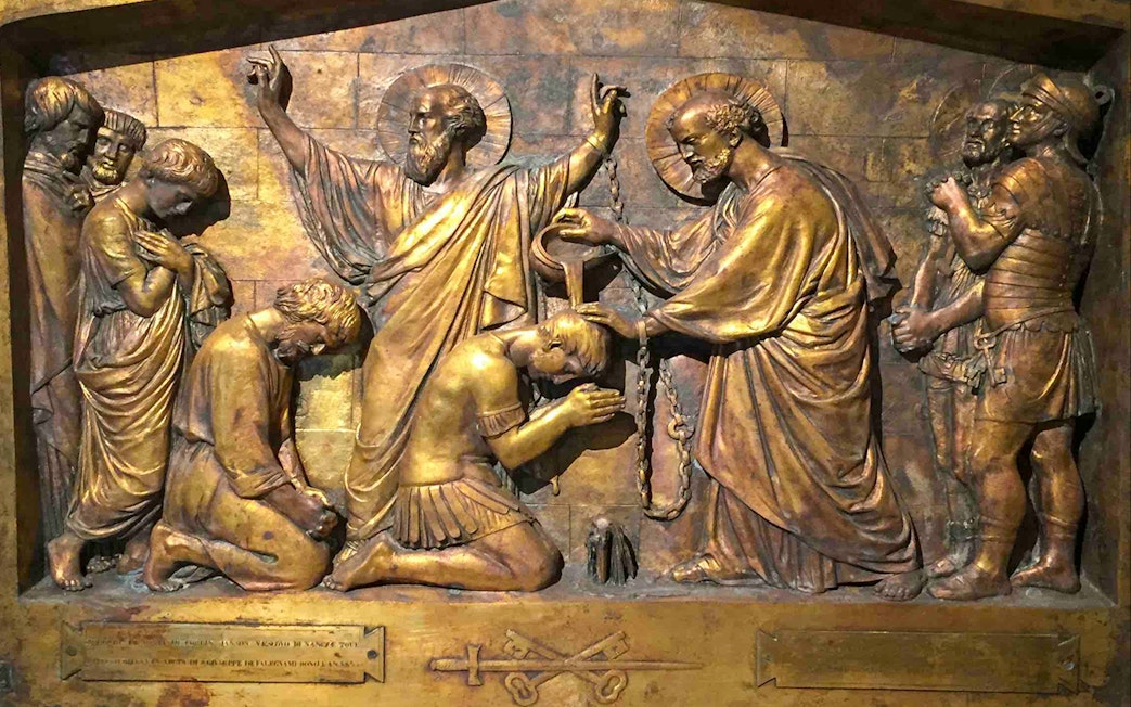 Relief sculpture depicting a biblical scene at Mamertine Prison, Rome.