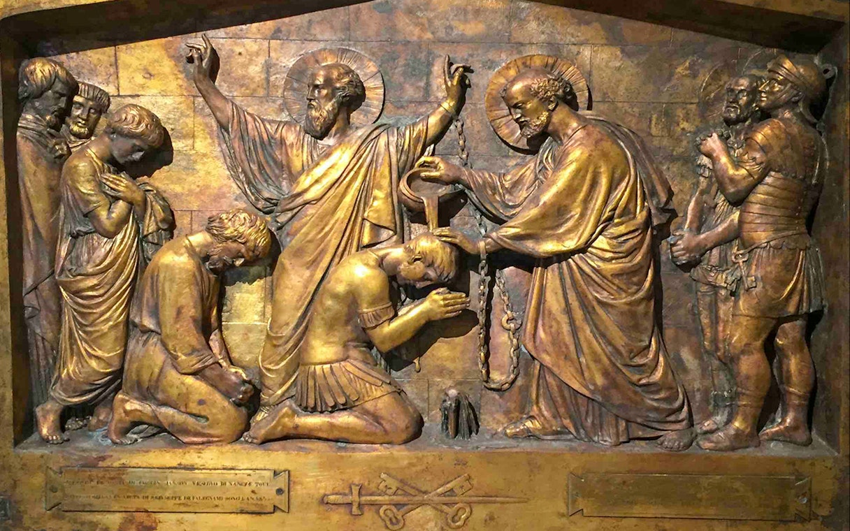 Relief sculpture depicting a biblical scene at Mamertine Prison, Rome.