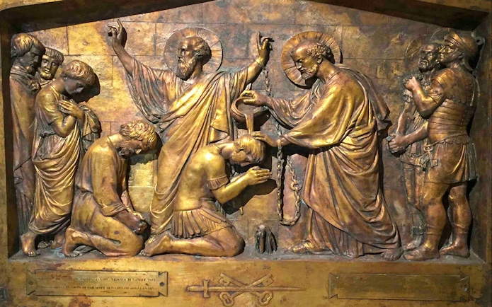 Relief sculpture depicting a biblical scene at Mamertine Prison, Rome.