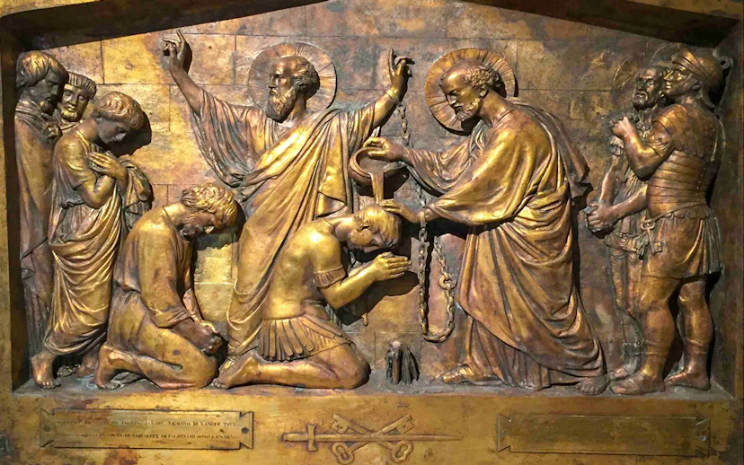 Relief sculpture depicting a biblical scene at Mamertine Prison, Rome.