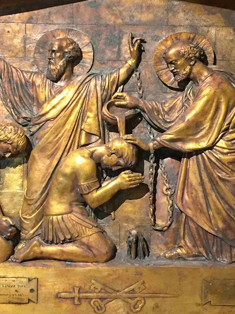 Relief sculpture depicting a biblical scene at Mamertine Prison, Rome.