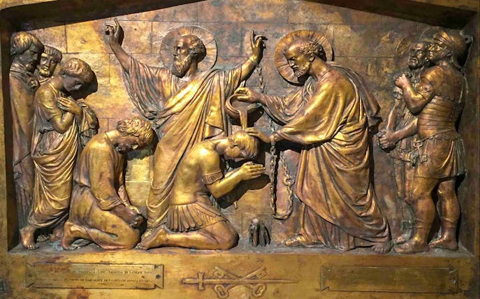 Relief sculpture depicting a biblical scene at Mamertine Prison, Rome.