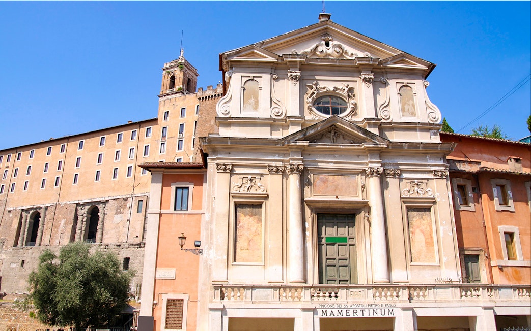 Mamertine Prison entrance in Rome with historical architecture.