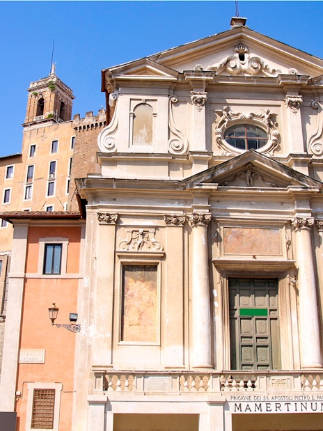Mamertine Prison entrance in Rome with historical architecture.