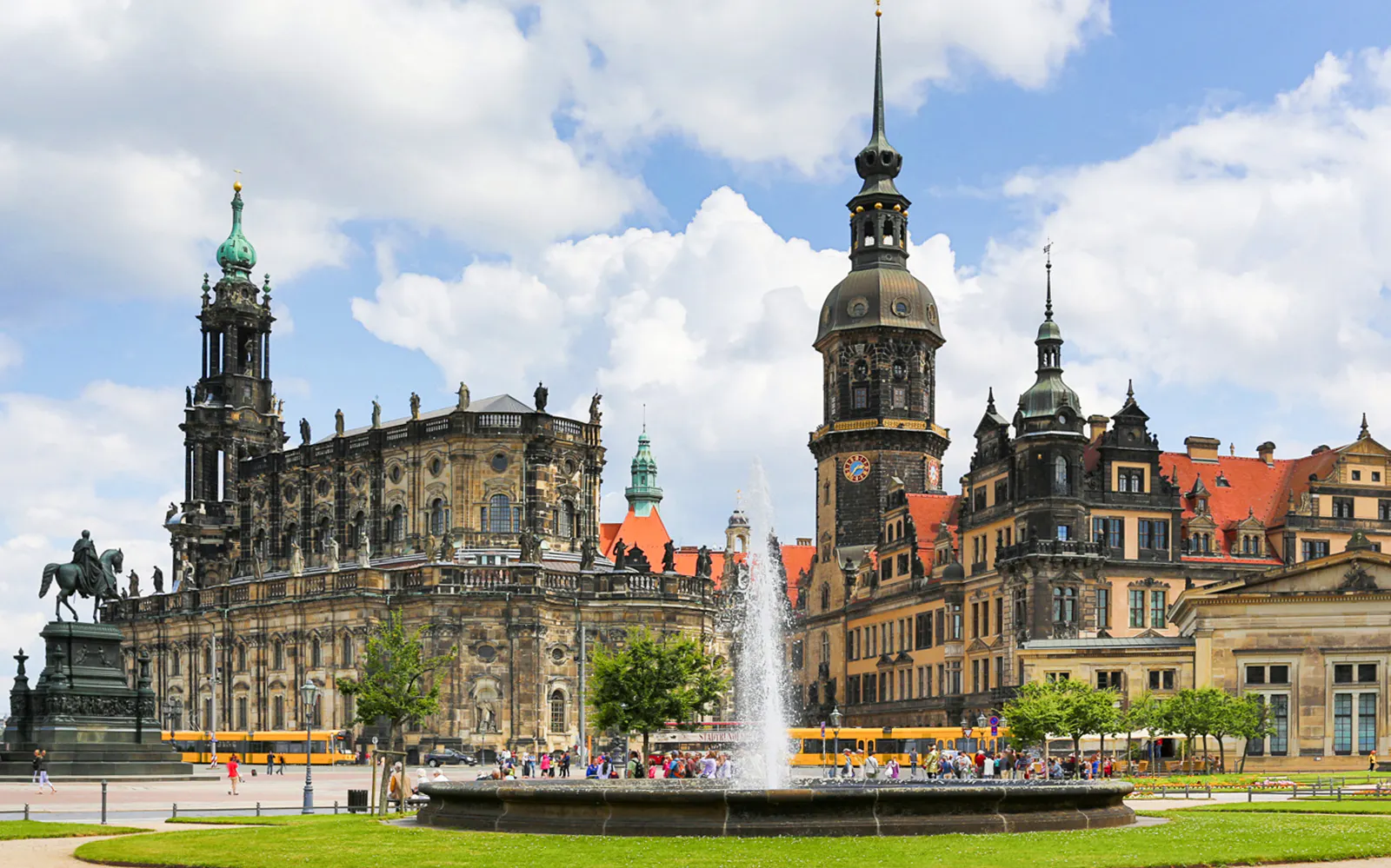 Dresden's historic city center with Frauenkirche and equestrian statue on a guided tour.