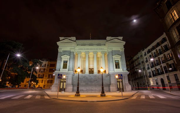 Prado Museum at night during Madrid sunset tour.