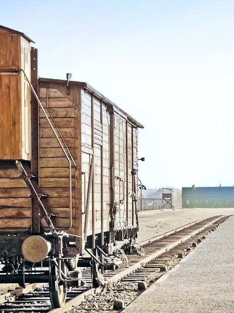 Wooden train car on tracks at Auschwitz-Birkenau, with entrance gate in the distance.