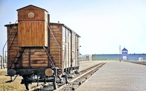 Wooden train car on tracks at Auschwitz-Birkenau, with entrance gate in the distance.