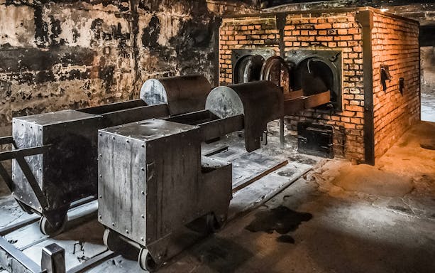 Auschwitz-Birkenau crematorium interior with brick ovens and metal structures.
