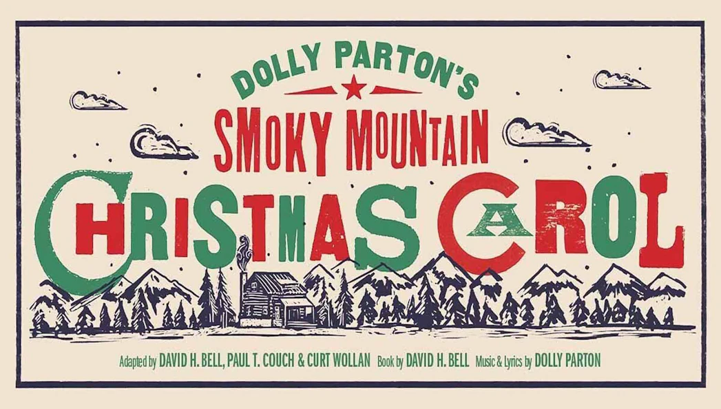 Dolly Parton's Smoky Mountain Christmas Carol logo with mountain and cabin illustration.