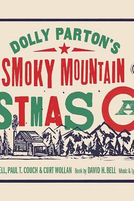 Dolly Parton's Smoky Mountain Christmas Carol logo with mountain and cabin illustration.