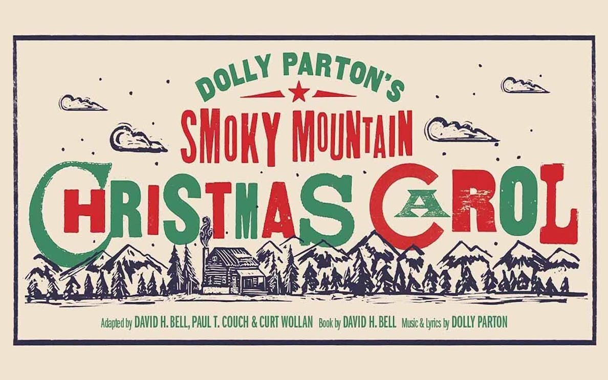 Dolly Parton's Smoky Mountain Christmas Carol logo with mountain and cabin illustration.