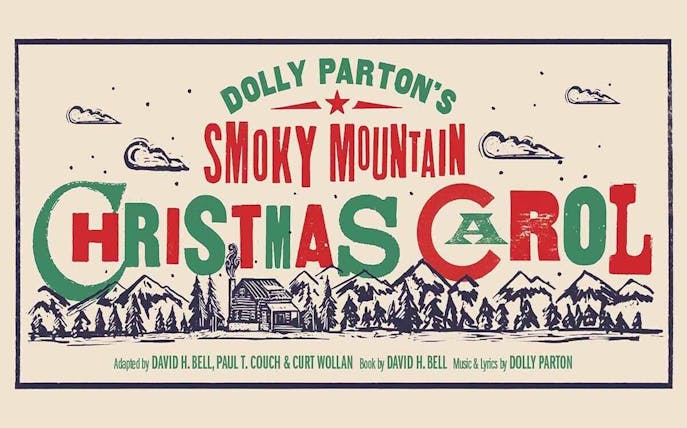 Dolly Parton's Smoky Mountain Christmas Carol logo with mountain and cabin illustration.