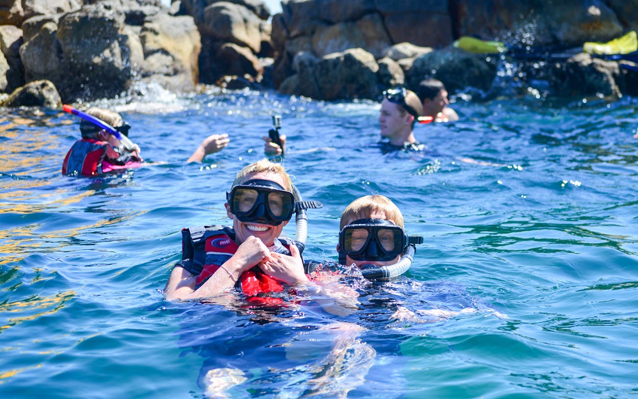 Snorkelers enjoying clear waters at Chileno Bay, Los Cabos.
