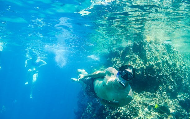 Snorkeler exploring coral reef in Chileno Bay, Los Cabos.
