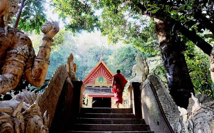 Monk walking up steps at Wat Pha Lat, surrounded by statues and trees, Doi Suthep tour.