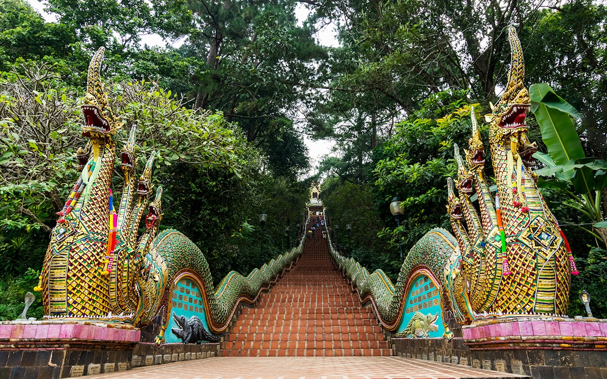 Staircase with ornate dragon sculptures leading to Doi Suthep temple, Chiang Mai.