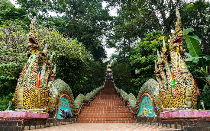 Staircase with ornate dragon sculptures leading to Doi Suthep temple, Chiang Mai.