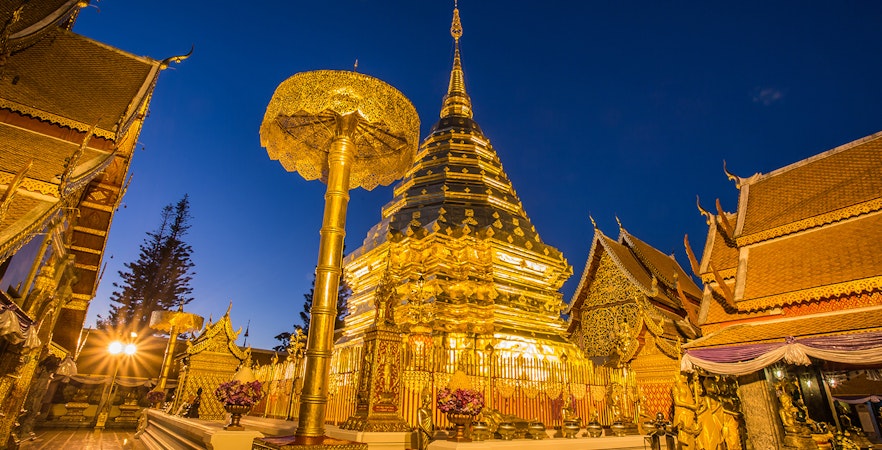 Golden pagoda at Wat Phra That Doi Suthep during sunrise, Chiang Mai, Thailand.