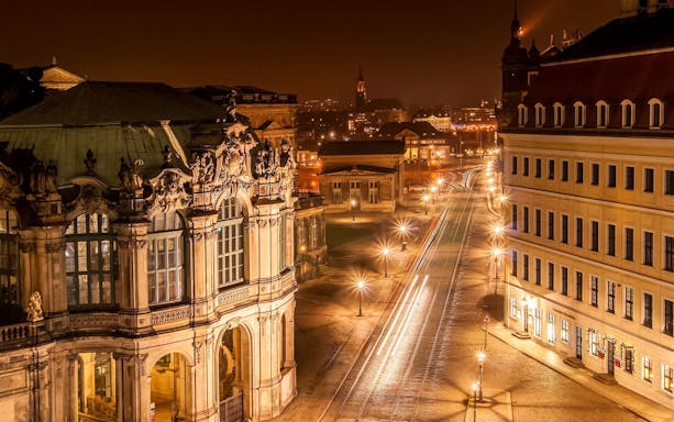 Dresden cityscape illuminated at night during Night Watchman Guided Tour.