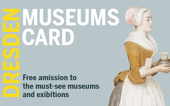 Dresden Museums Card with historical figure holding a tray, offering free museum admission.