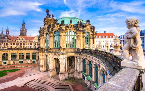 Zwinger Palace courtyard and sculptures in Dresden, Germany.