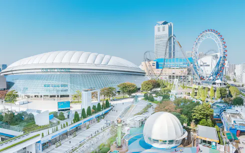 Tokyo Dome City with amusement rides and Space Museum TeNQ in Tokyo.