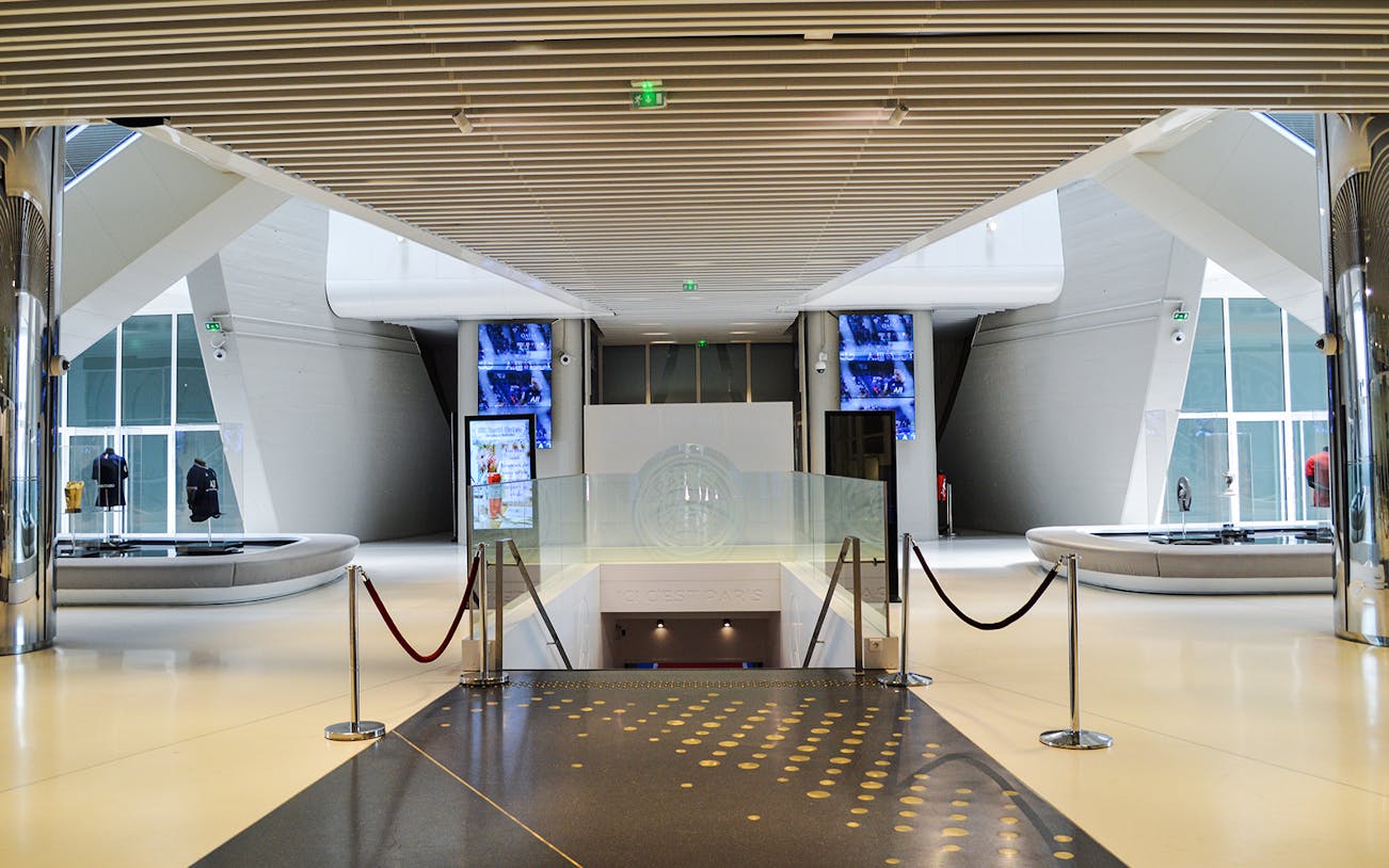 Parc des Princes Stadium interior with displays and memorabilia, Paris Saint-Germain tour.