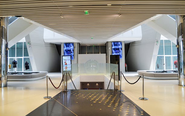 Parc des Princes Stadium interior with displays and memorabilia, Paris Saint-Germain tour.