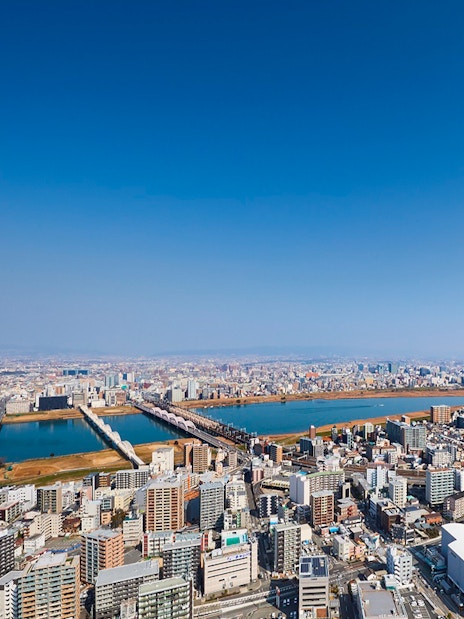 Aerial view of Osaka cityscape with Yodo River, seen from Umeda Sky Building.